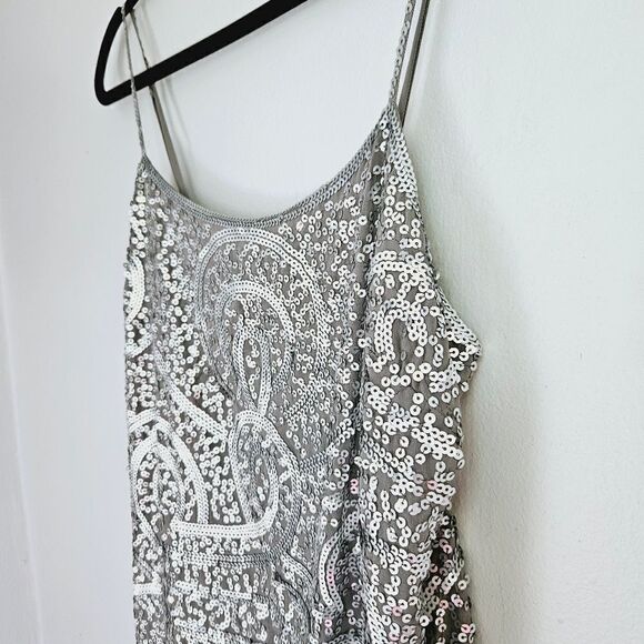 BCBGMaxAzria Silver Grey 100% Silk Sequin Sparkle Party Cocktail Slip Dress 12 - Picture 9 of 16